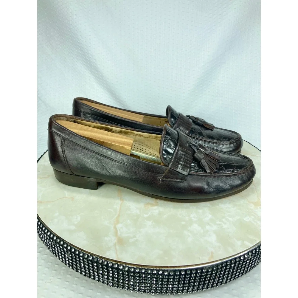 Bostonian Italian Leather Tassel Kiltie Loafers Mens 9 Brown Croc Embossed Shoes